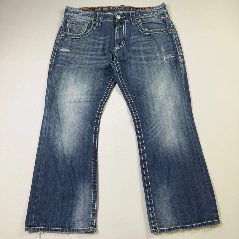 Rock Revival Jeans Mens 36 (fits 37x28) Blue Aaron Bootcut Distressed Moto Y2K